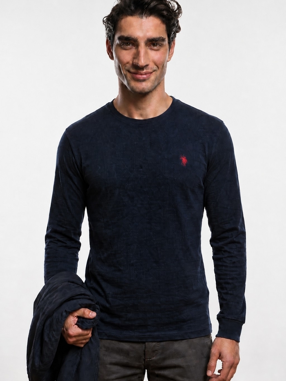 NWT U.S. Polo Assn. Navy Waffle Weave Long-Sleeve Crewneck with Red Logo sz XL